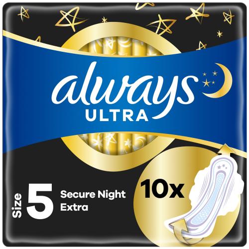Always Ultra Secure Night Extra Pads Size 5 Σερβιέτες με Φτερά για Πολύ Μεγάλη Ροή Κατά την Διάρκεια της Νύχτας 10 Τεμάχια